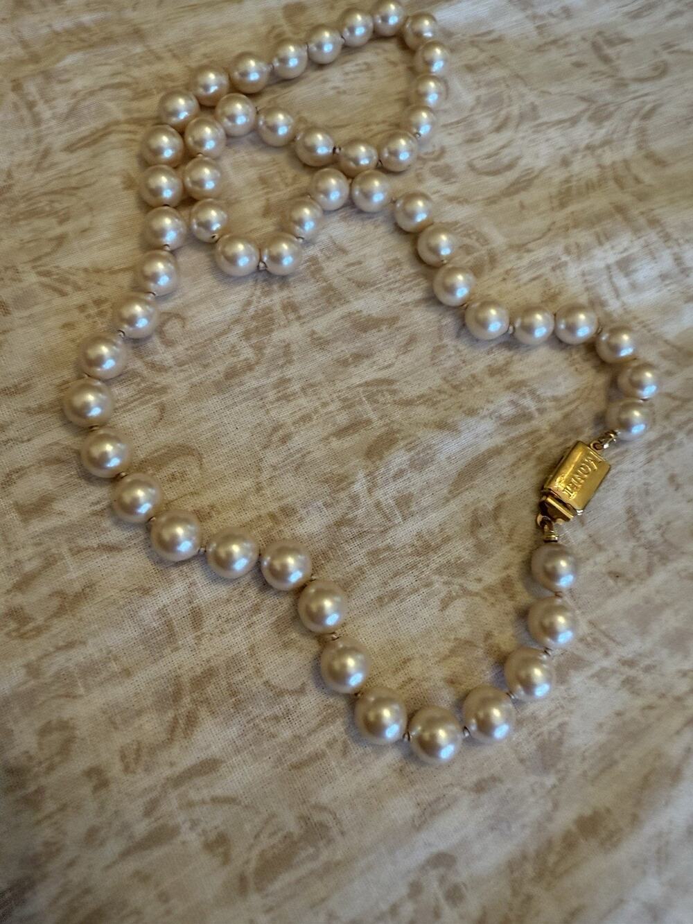 MONET Hand Knotted Faux PEARL NECKLACE Gold Tone Clasp 17” LONG Vintage